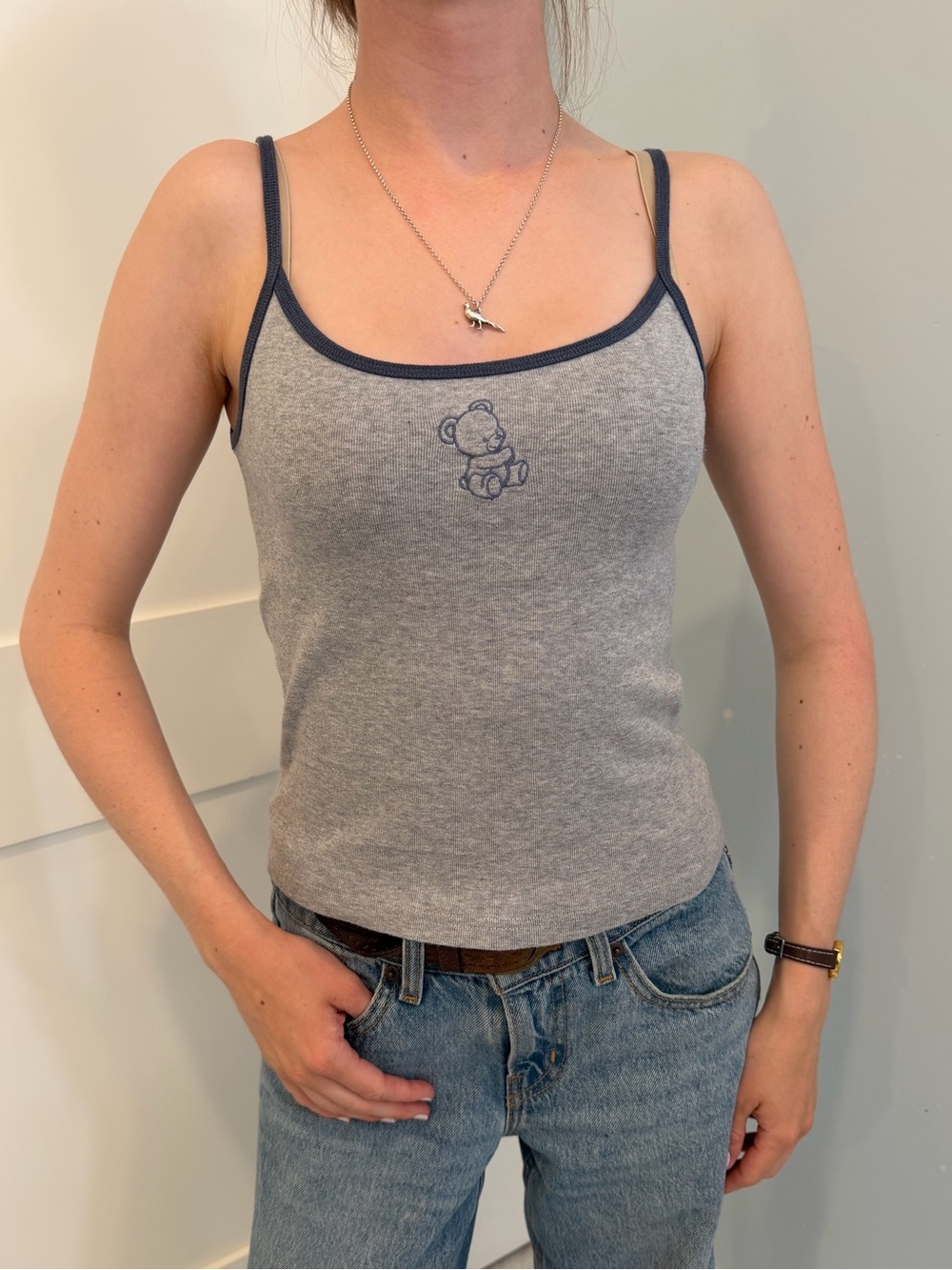 Brandy Melville Grey Ribbed Tank Top with Navy Trim and Teddy Embroidery